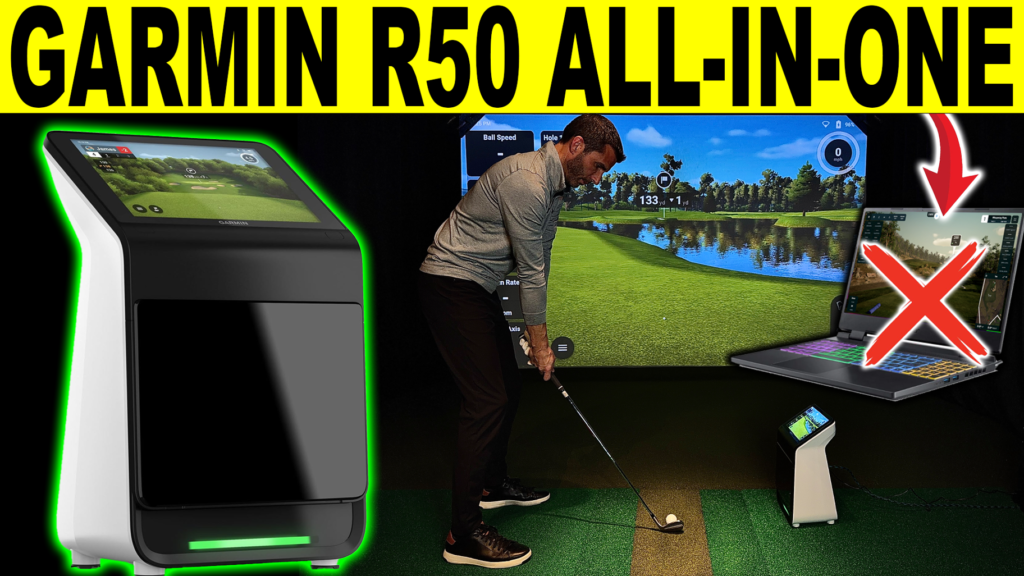 Garmin R50 all-in-one home golf simulator set up indoors with built-in screen