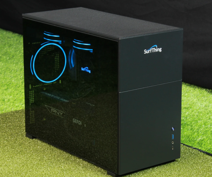 SurfThing gaming PC on golf simulator turf