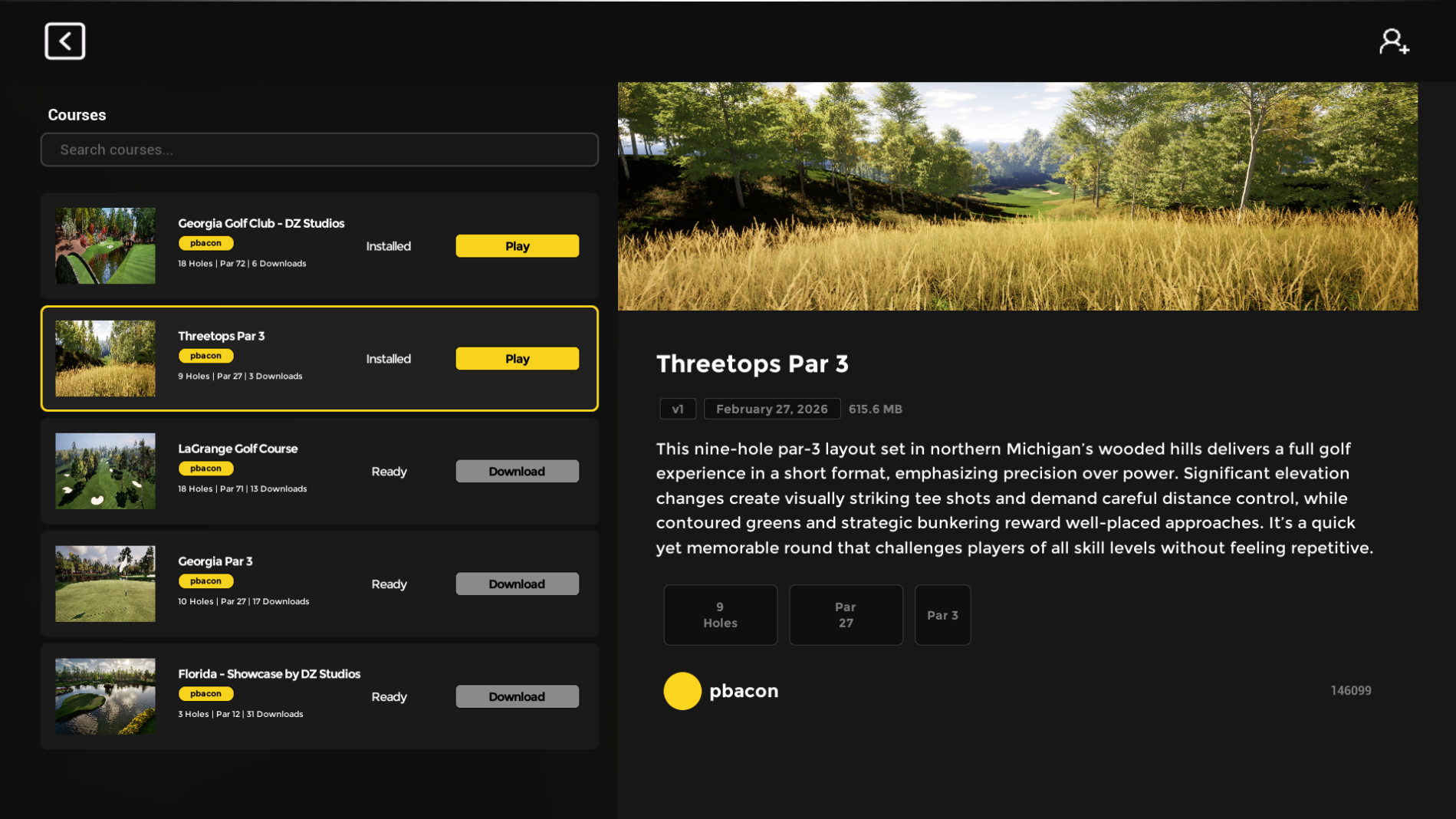 The course list in Infinite Tees golf simulator software, showing community-built courses