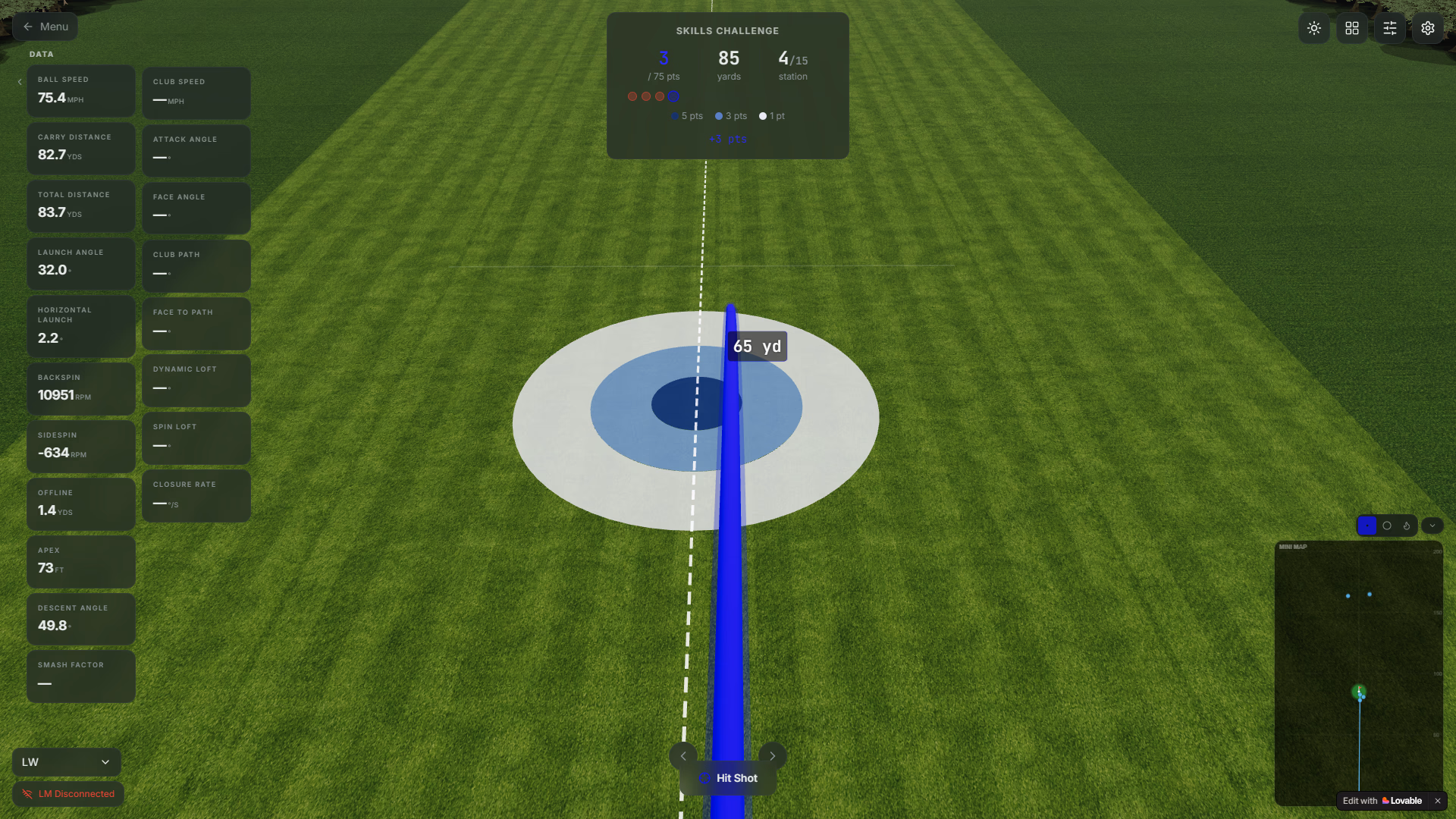 ShotForge golf simulator practice app interface showing live shot data