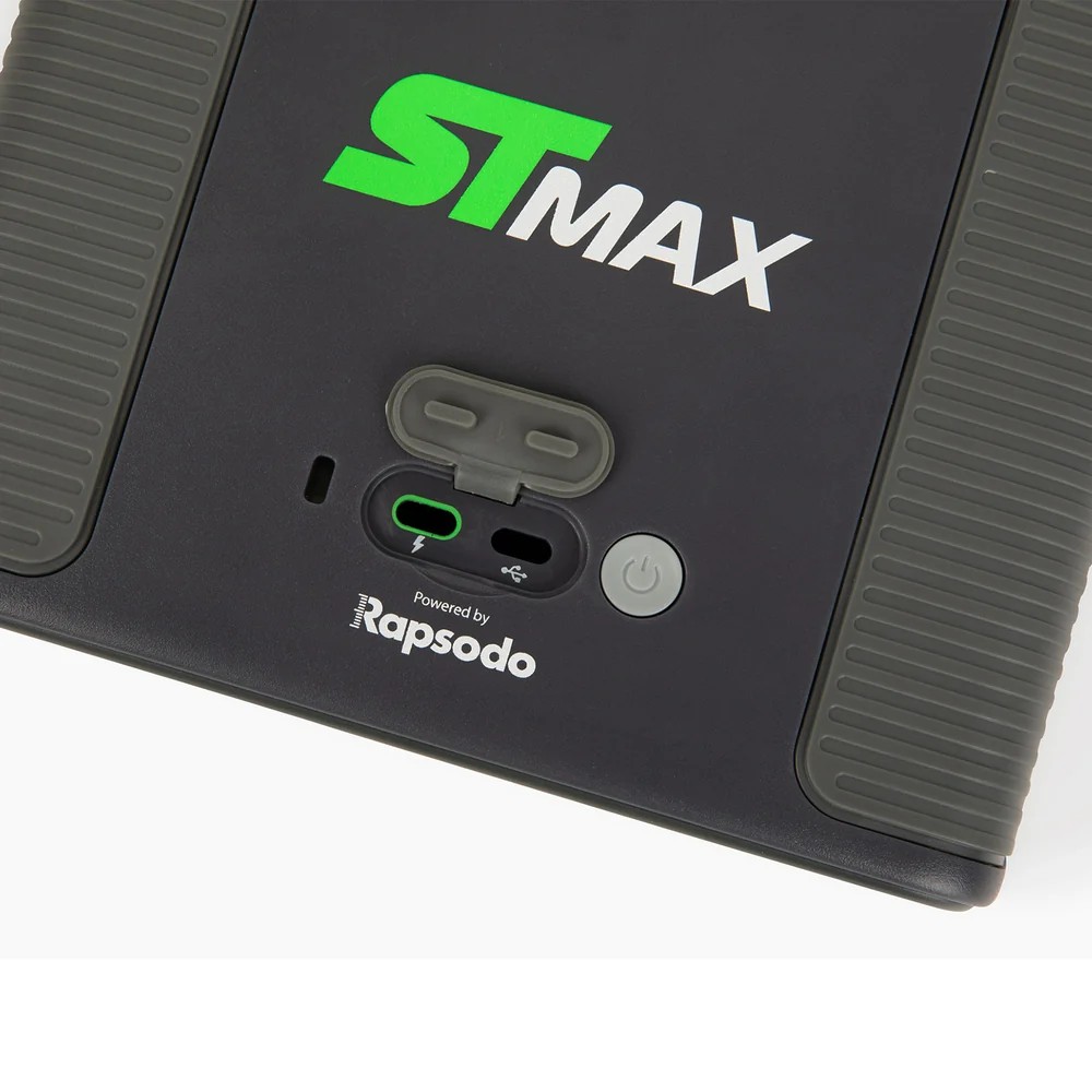 Back of the SkyTrak ST MAX showing dual USB-C ports for charging and data