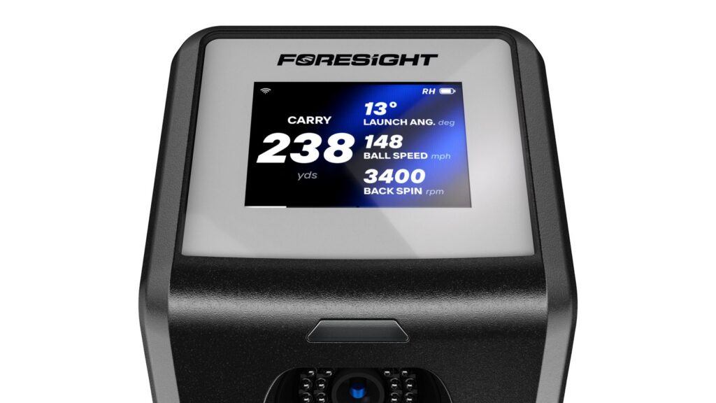 Foresight GC2 color display showing carry, launch angle, ball speed and back spin