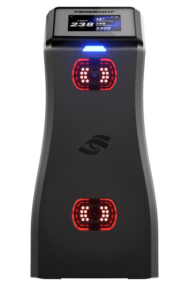 Front of the Foresight GC2 launch monitor with its two cameras and ready light