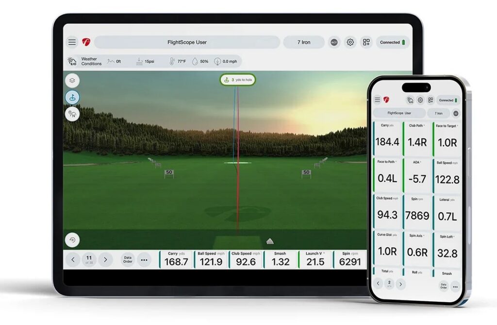 FS Golf app on a tablet with a target on the range and a marker reading 3 yds to hole, beside a phone showing the data tiles