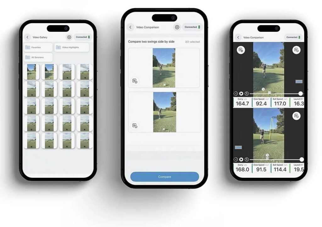 Three phones showing the FS Golf video gallery, the screen for picking two swings to compare, and two swings played one above the other with carry, club speed and ball speed under each