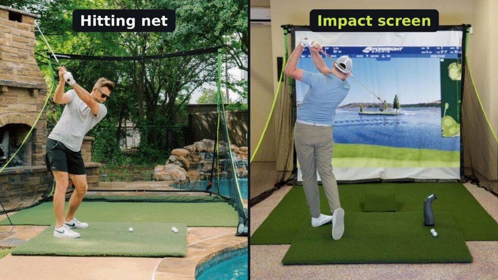 A golf net beside a golf simulator impact screen, comparing the two