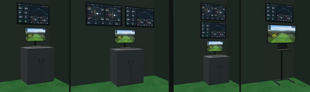 Four touchscreen setups in the GSV Sim Builder, left to right: a 43 in wall screen over a PC cabinet with a 27 in touchscreen, two 43 in wall screens side by side over the cabinet, two stacked, and a 43 in touchscreen on a floor stand with a 43 in wall screen over it