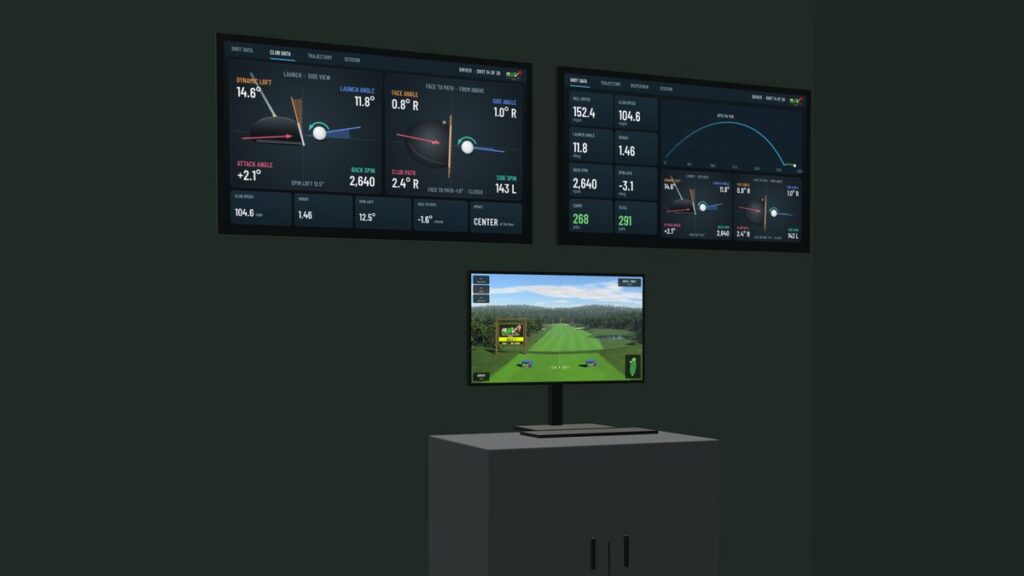Three touchscreens in the GSV Sim Builder: a 27 in touchscreen on a PC cabinet mirroring the big screen, and two 43 in touchscreens on the wall above it showing club data and shot data