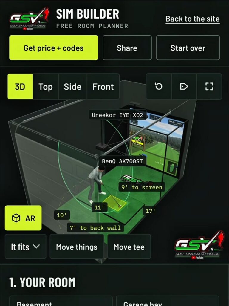 The GSV Sim Builder on a phone showing a garage build with an Uneekor EYE XO2, a BenQ AK700ST projector, 9 ft to the screen and 7 ft to the back wall