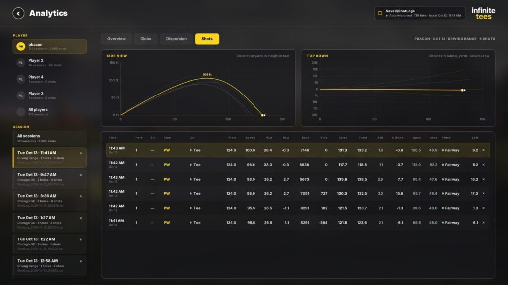 Infinite Tees analytics shot history with side and top-down views of the ball flight and a table of each shot