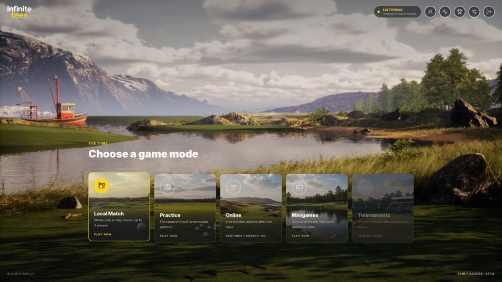The new Infinite Tees main menu with five game modes: Local Match, Practice, Online, Minigames and Tournaments, over a lake with mountains and a fishing boat