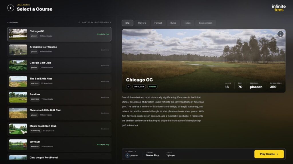 The Infinite Tees course select screen for a local match, with Chicago GC chosen, its holes, par, designer and downloads, and tabs for players, format, rules, holes and environment