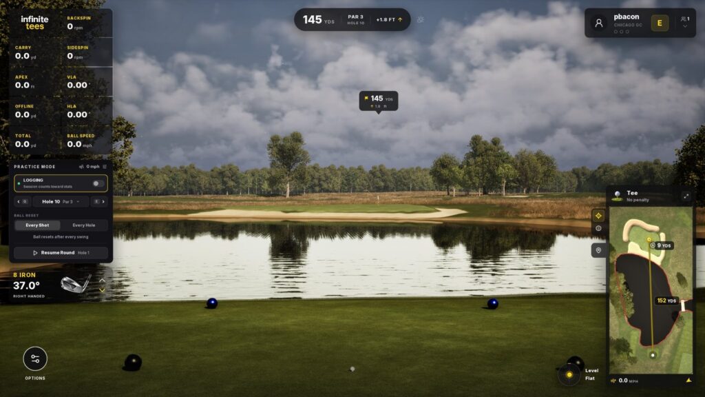 The Infinite Tees HUD on a par 3 over water at Chicago GC, with shot data tiles, the practice mode panel with logging and ball reset, the club, and the mini map