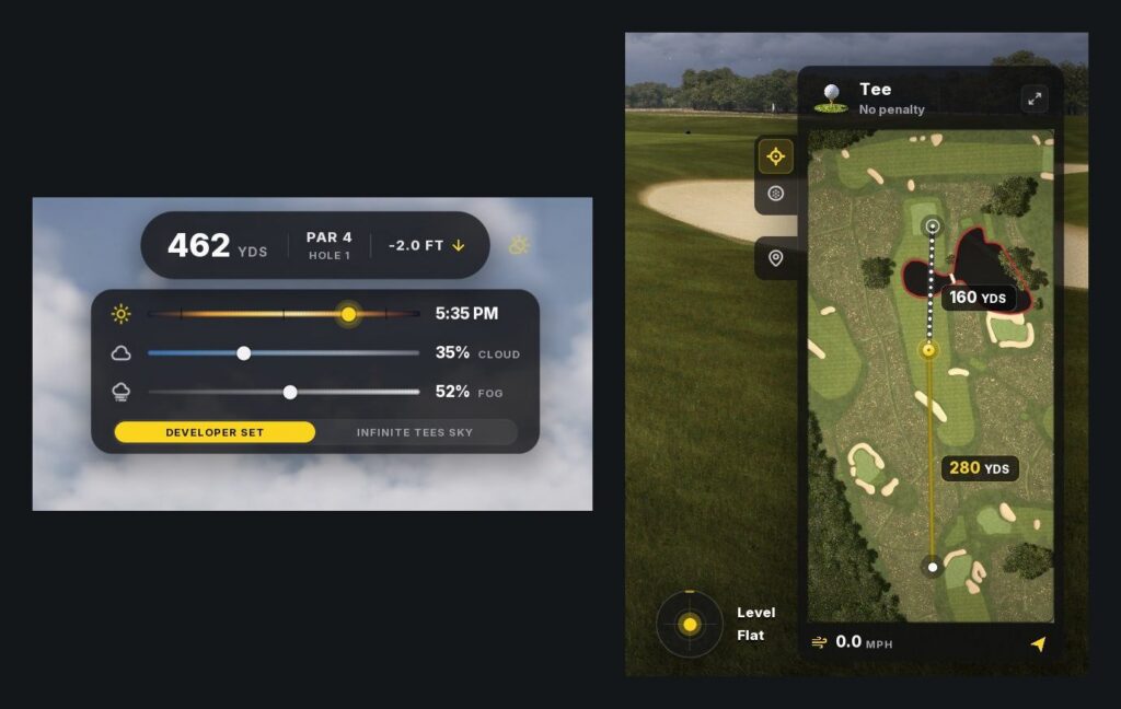 The Infinite Tees weather panel with sliders for the time of day, cloud and fog and a choice of Developer Set or Infinite Tees Sky, beside the mini map with the aim line, distances, the lie, the wind and the slope
