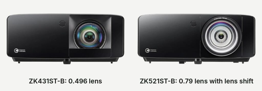 The fronts of the Optoma ZK431ST-B, with its 0.496 lens, and the ZK521ST-B, with its larger 0.79 lens and lens shift, in photographs from Optoma
