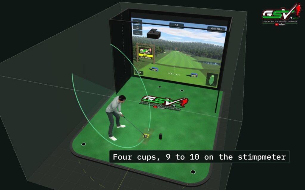 A SIG12 enclosure on SIGPRO golf simulator flooring in the GSV Sim Builder, with the hitting strip let into the floor and putting cups around it
