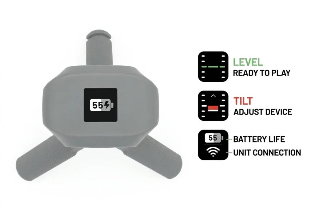 Top of the Rapsodo MLM2XPRO showing its screen with level, tilt, battery and connection icons