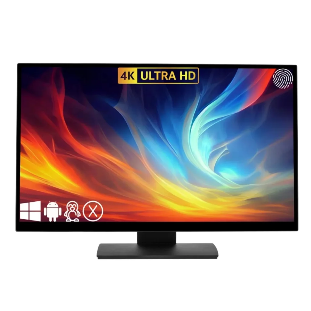 The TouchscreenGuru 27 in Ultra-Series 4K touch monitor, from the front with its 4K picture