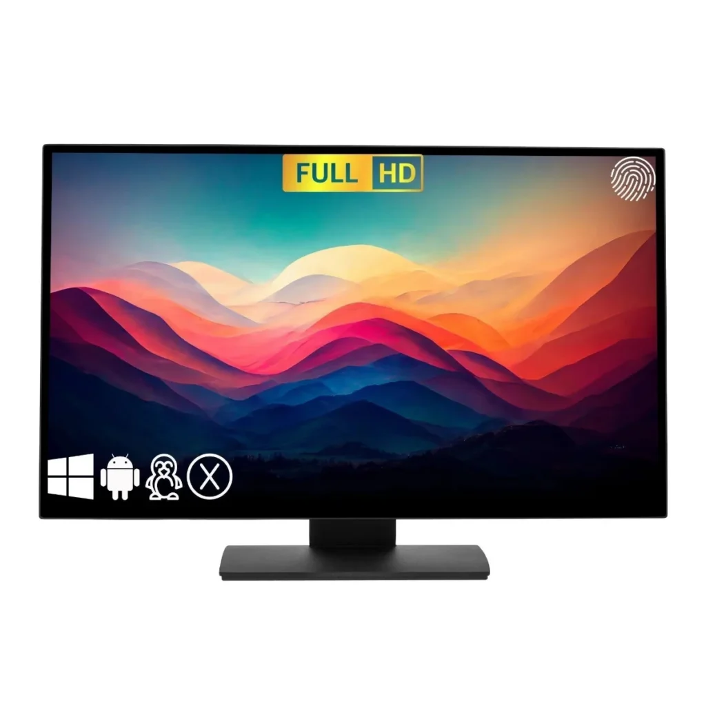 The TouchscreenGuru 27 in Full HD 24/7 touch monitor, from the front with its Full HD picture