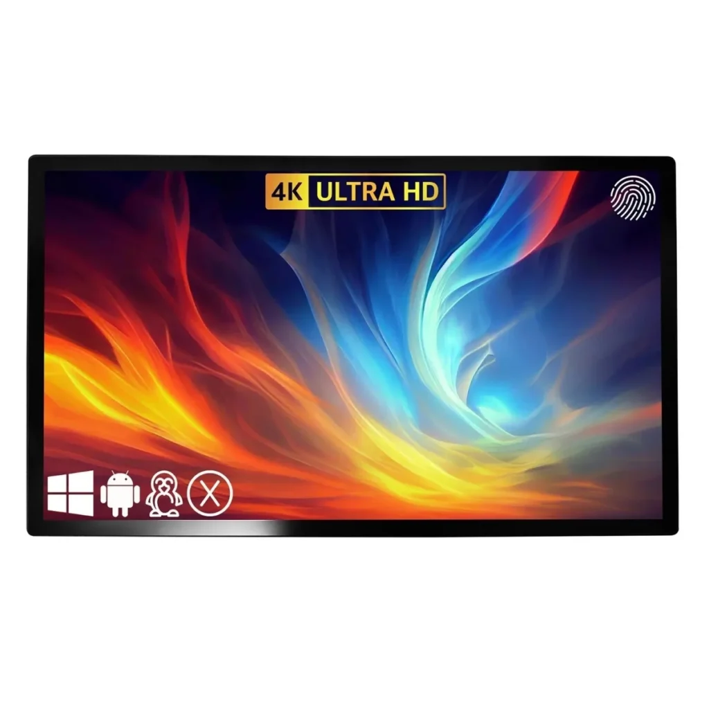 The TouchscreenGuru 65 in Ultra-Series 4K touch monitor, from the front with its 4K picture