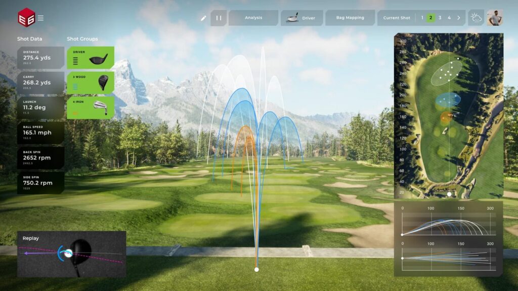 E6 Golf 2026 range screen showing distance, carry, launch, ball speed, back spin and side spin
